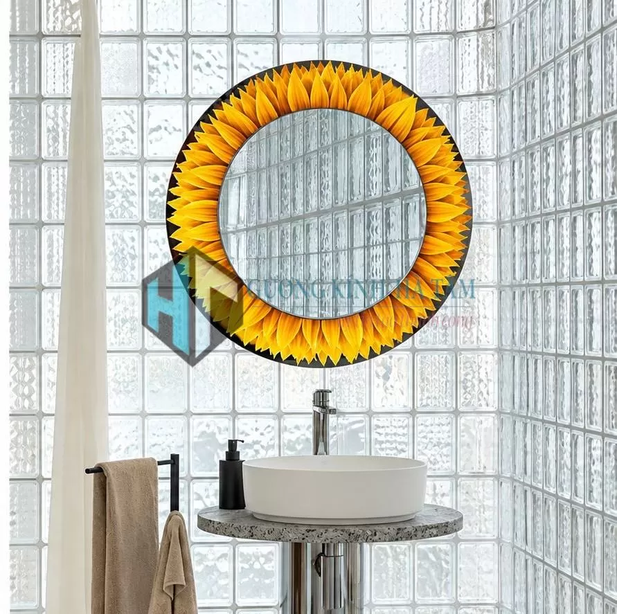 Gương đèn led in 3D hoa hướng dương, gương nhà tắm treo tường thông minh